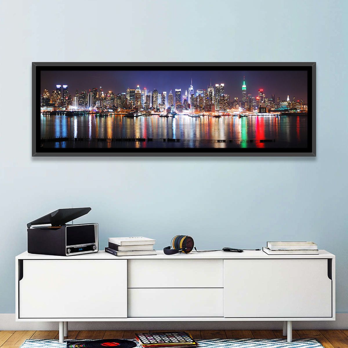 New York Skyline Mirror Reflection at Night Wall Art in a room, panoramic