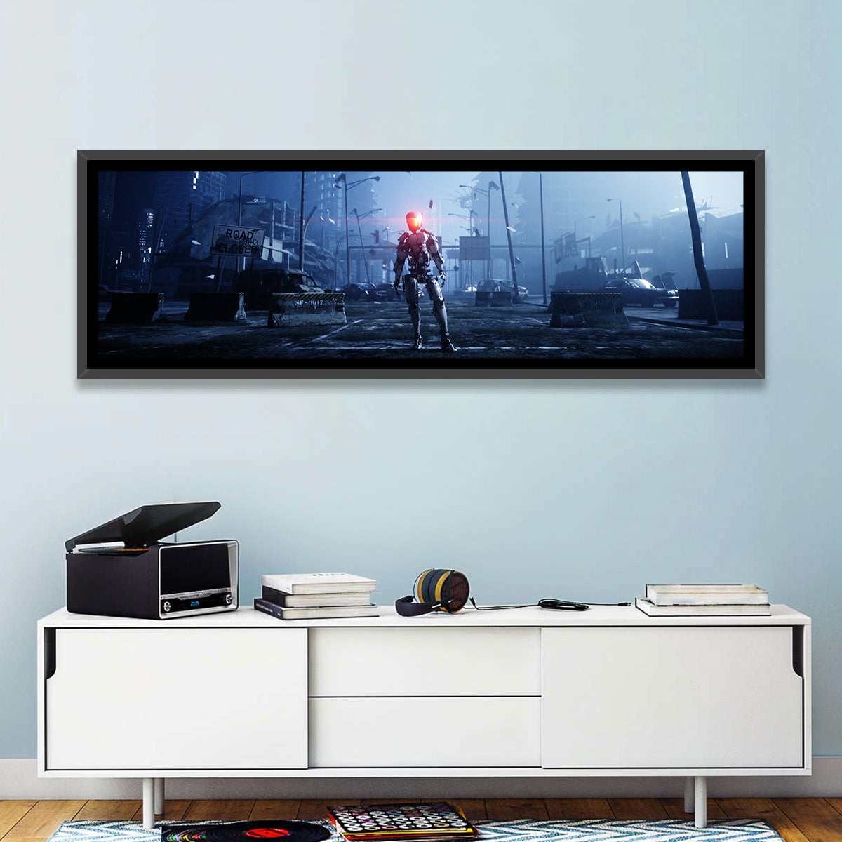 Alien Robot in Ruined City Wall Art in a room, panoramic
