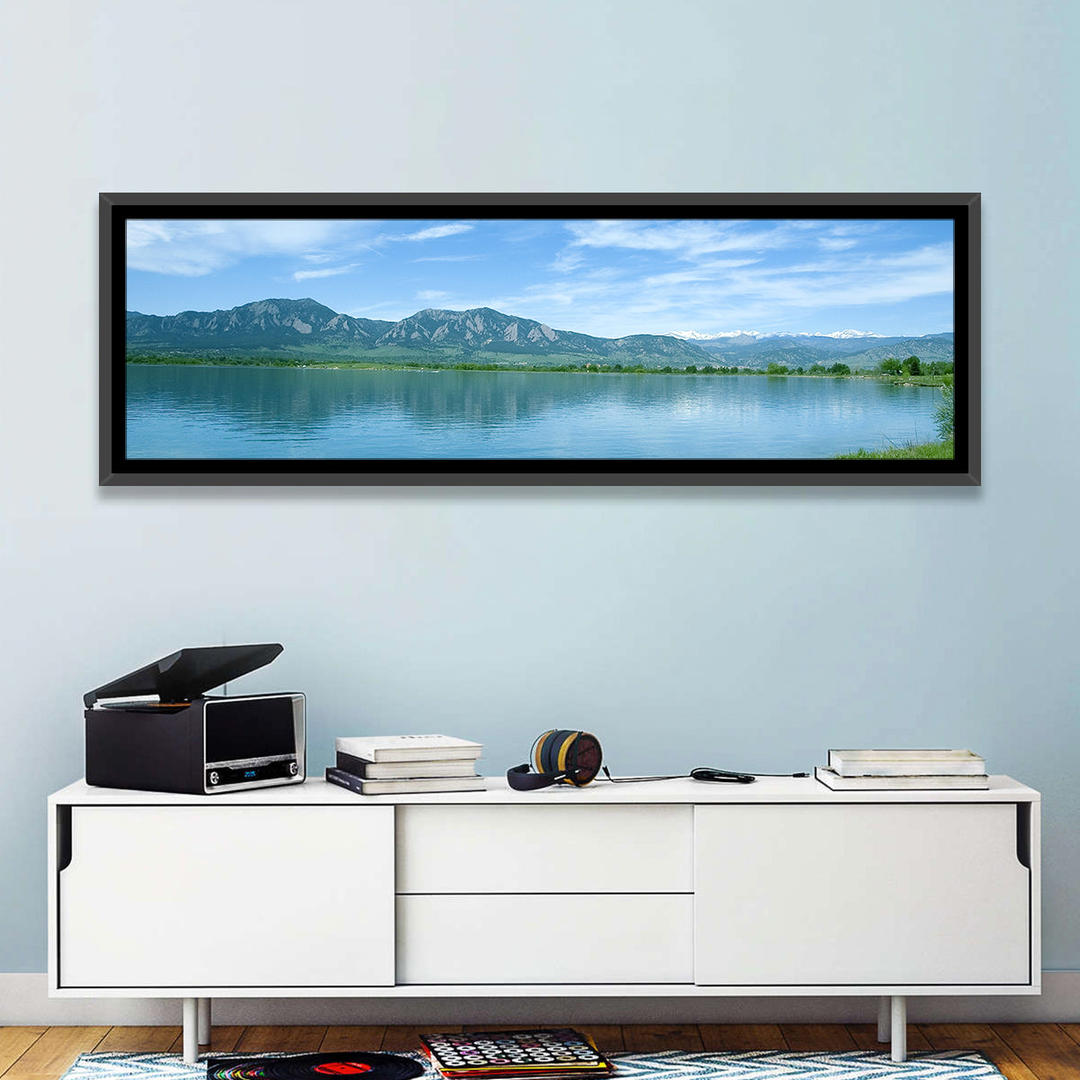Boulder Reservoir and Flatirons Wall Art in a room, panoramic