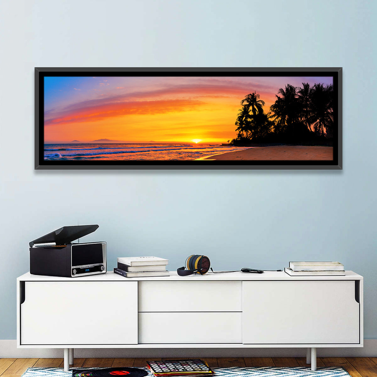 Tropical Beach Sunset Wall Art in a room, panoramic