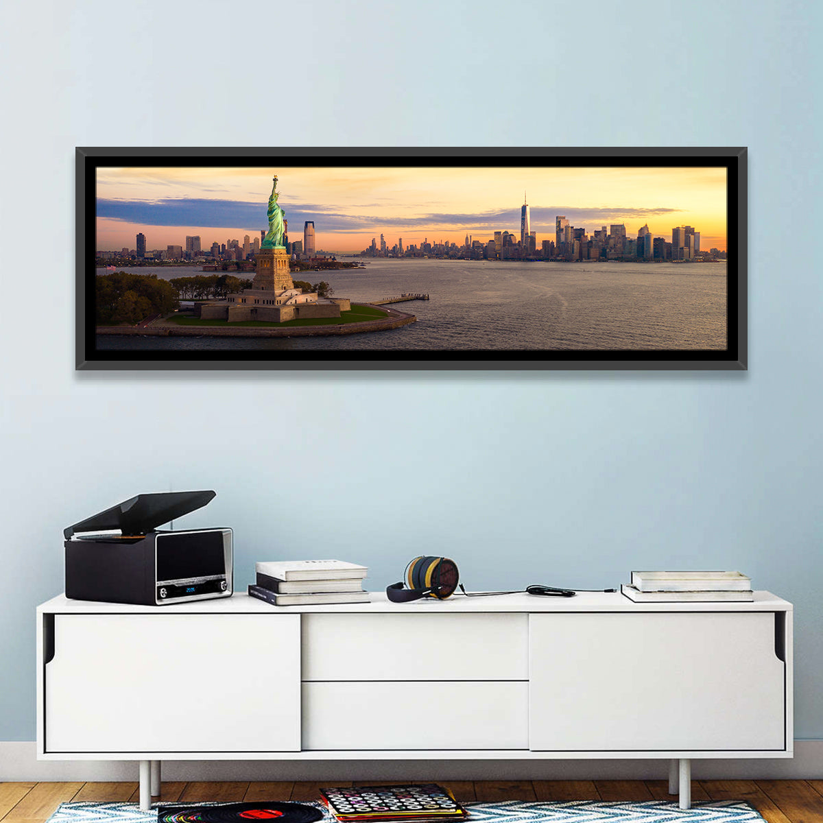 Statue of Liberty Golden Hour Wall Art in a room, panoramic