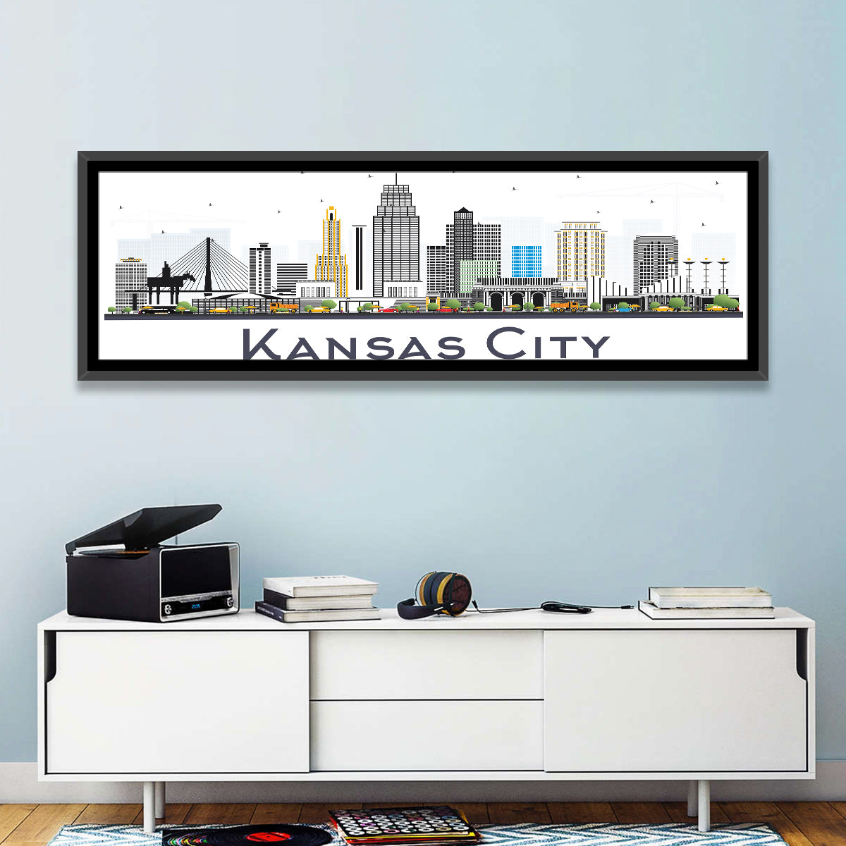 Kansas City Skyline Wall Art in a room, panoramic