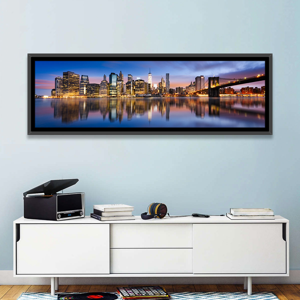 Manhattan Skyline at Twilight Wall Art in a room, panoramic