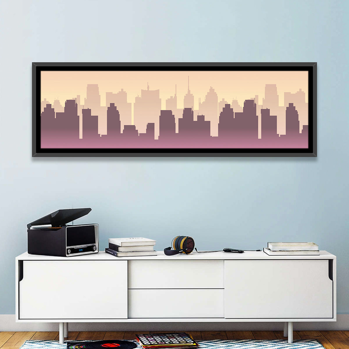 Silhouetted City Skyline Wall Art in a room, panoramic
