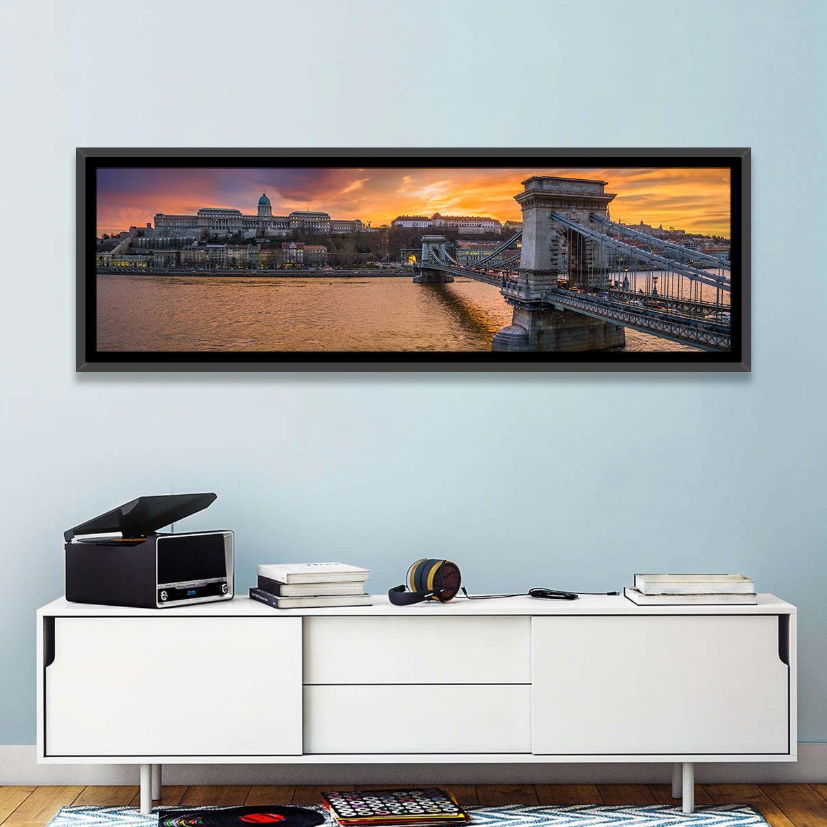 Budapest Chain Bridge at Golden Dusk Wall Art in a room, panoramic