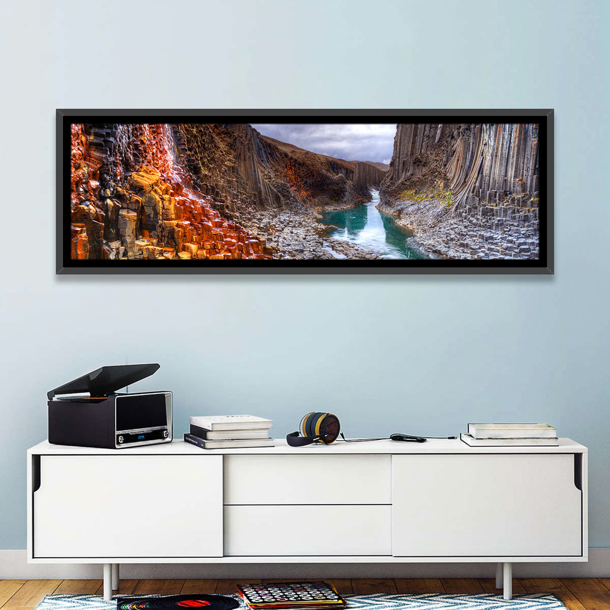 Studlagil Canyon Basalt Columns Wall Art in a room, panoramic