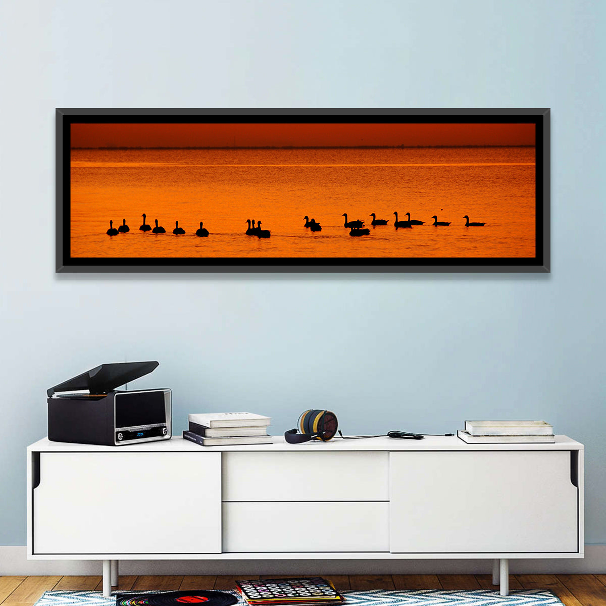 Geese Silhouettes at Orange Sunset Wall Art