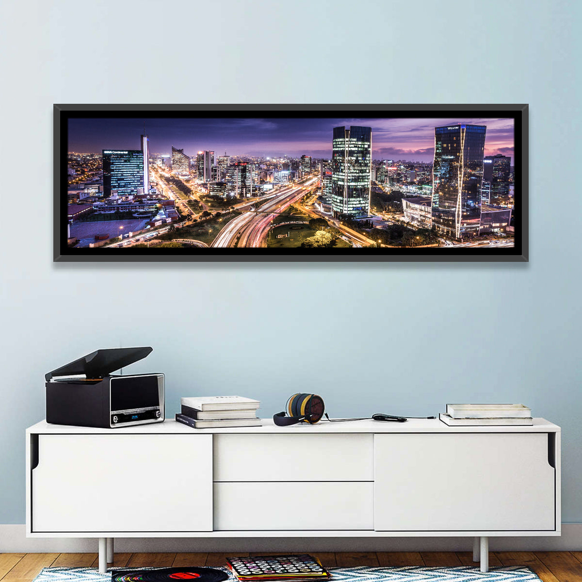 Lima Night Skyline Wall Art in a room, panoramic