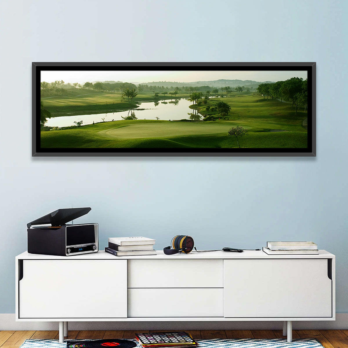Golden Hour Putting Green by the Lake Wall Art in a room, panoramic