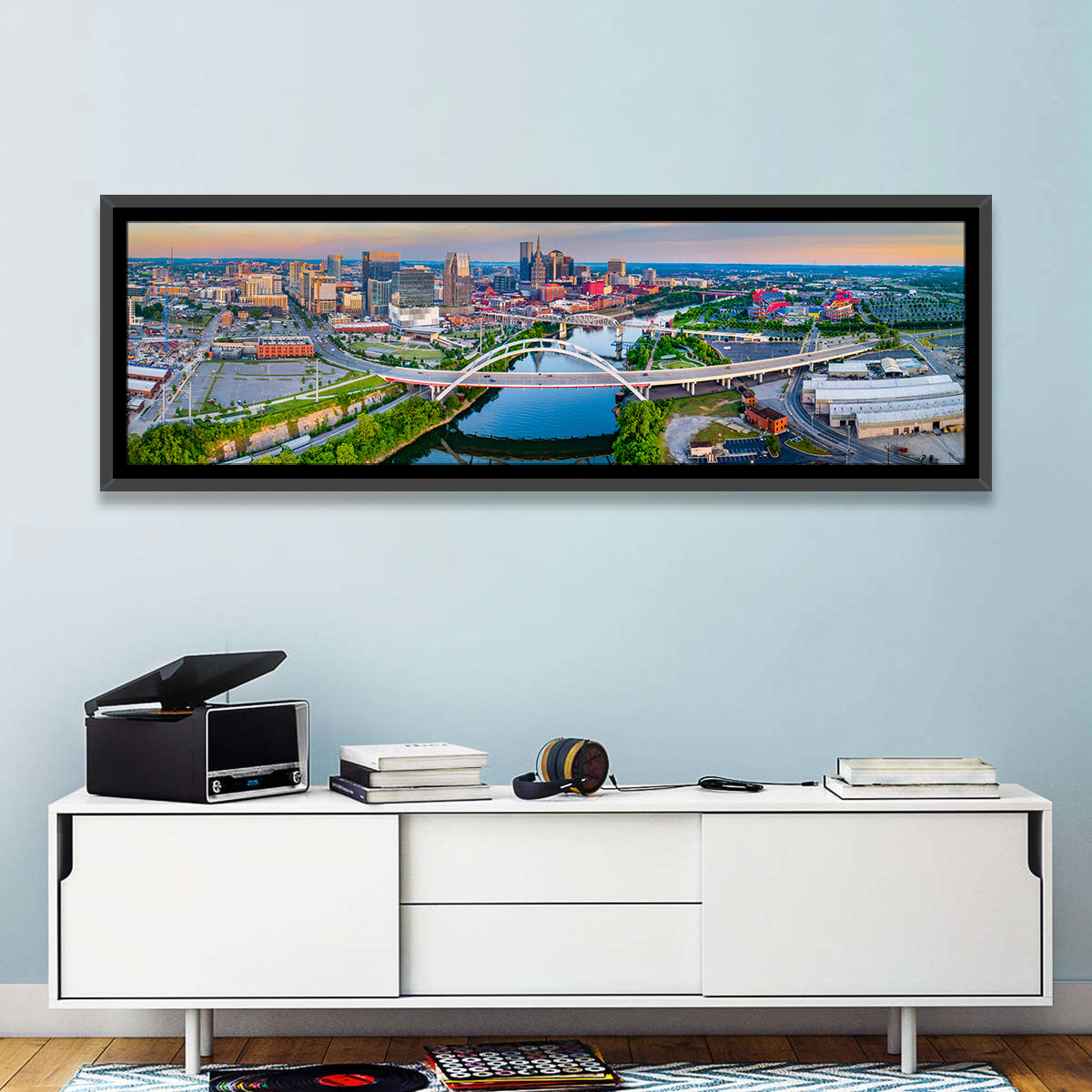 Nashville Skyline at Golden Hour Wall Art in a room, panoramic