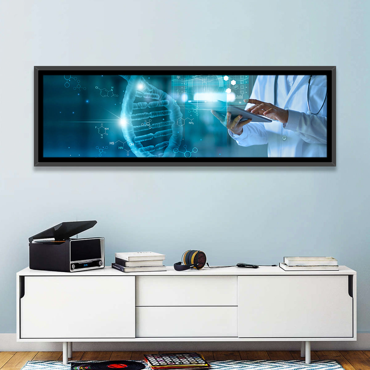 Doctor with Dna Helix Wall Art in a room, panoramic