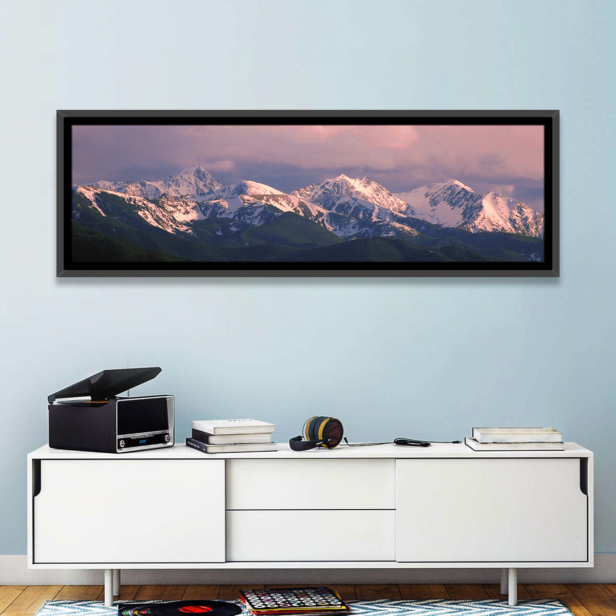 Spanish Peaks Alpenglow Montana Wall Art in a room, panoramic