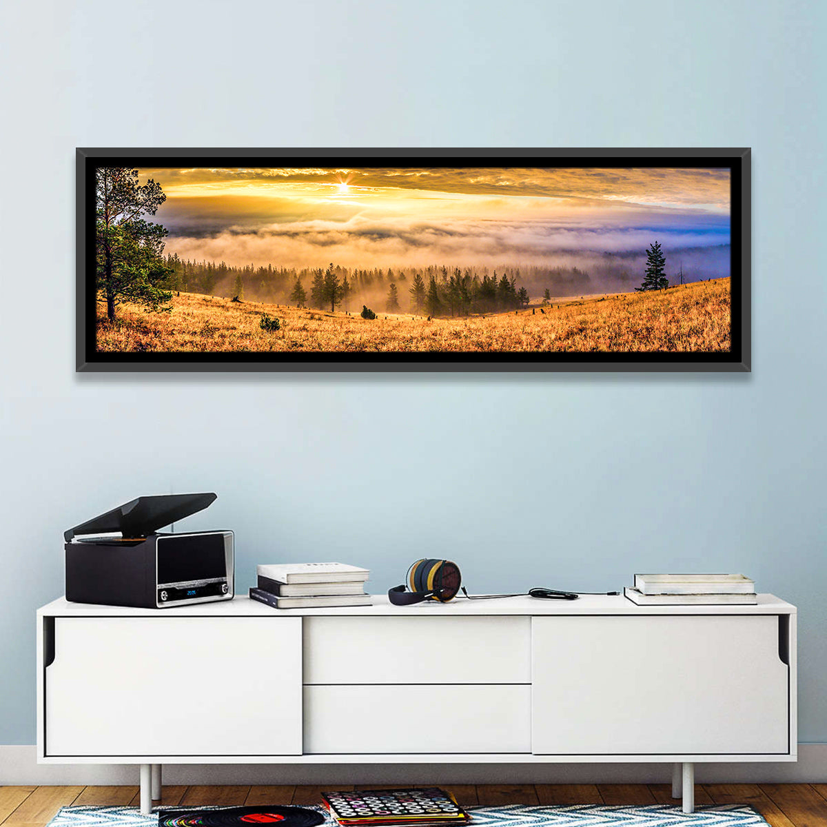 Ural Taiga Sunrise Wall Art in a room, panoramic