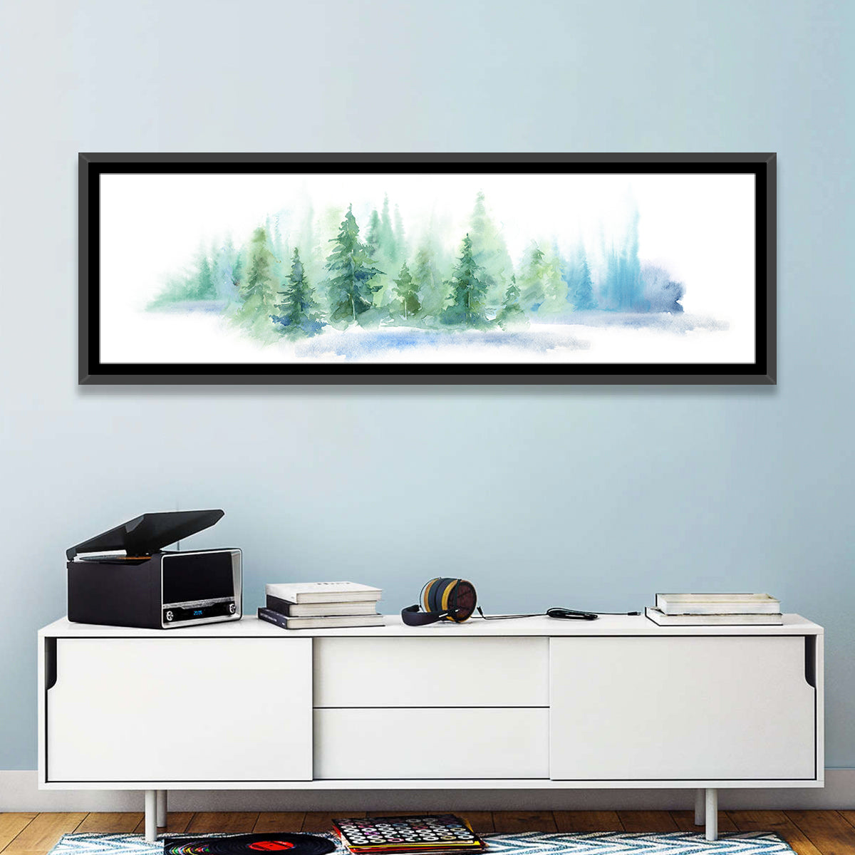 Misty Pine Forest Watercolor Wall Art in a room, panoramic