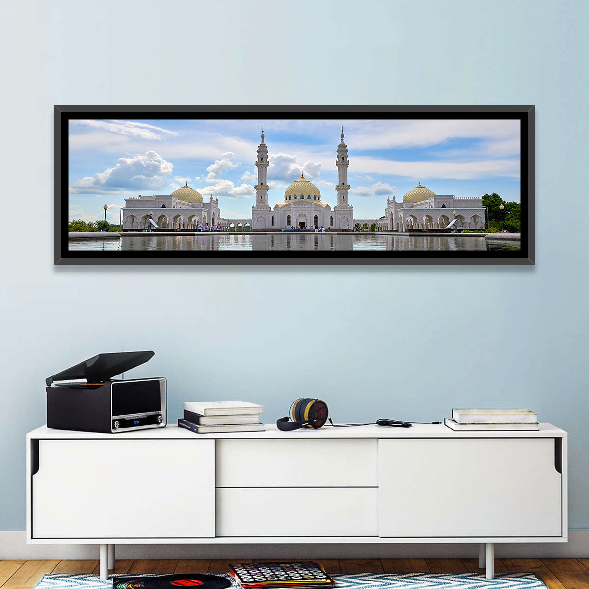 Bolgar White Mosque Reflection Wall Art in a room, panoramic