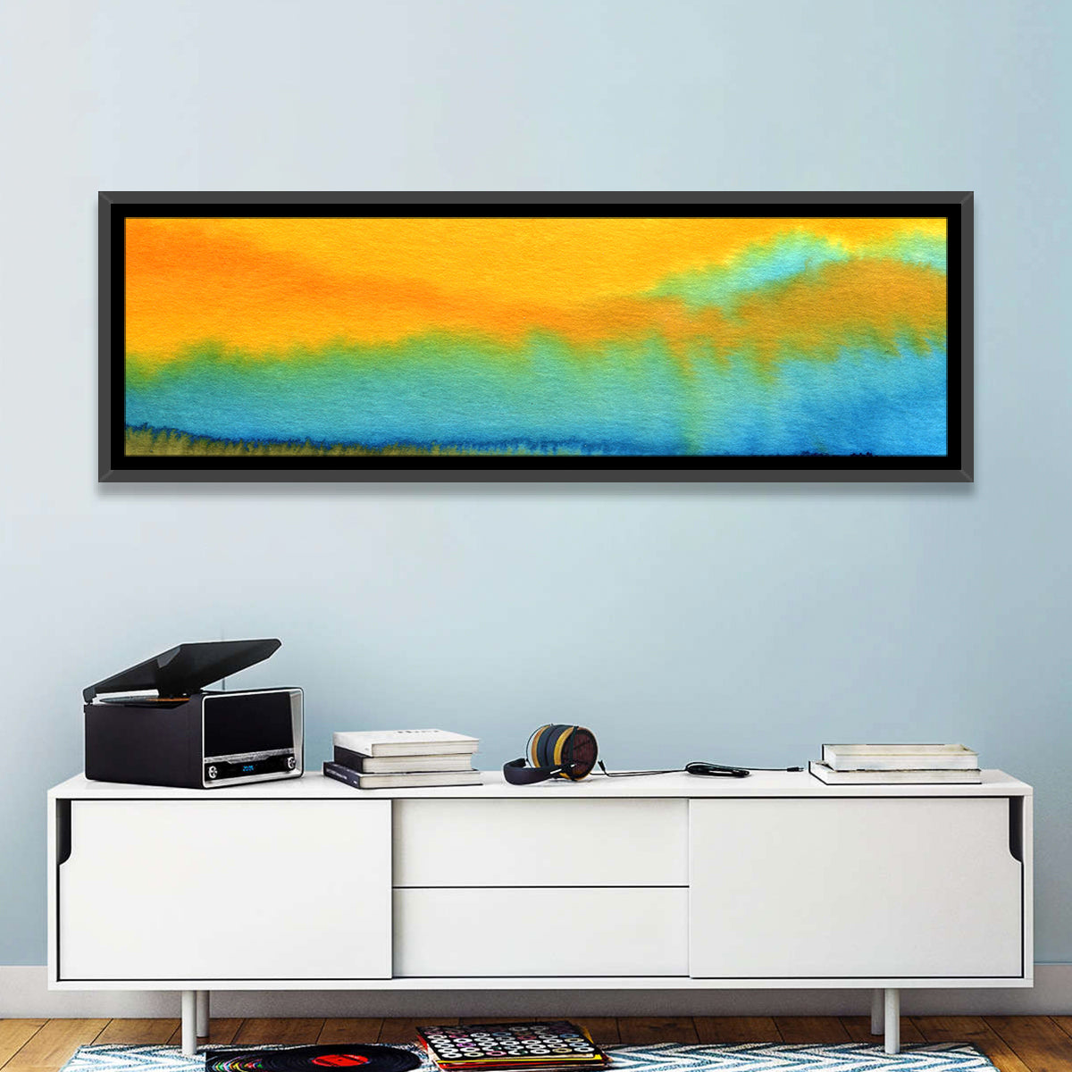 Sunset Horizon Watercolor Wall Art in a room, panoramic