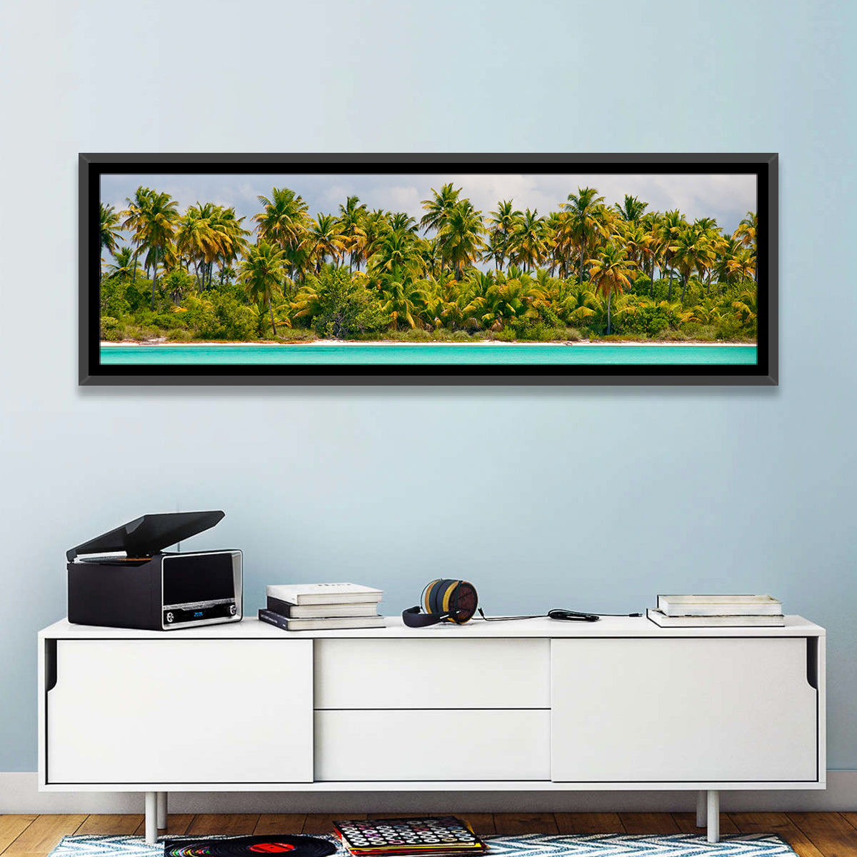 Turquoise Lagoon Palm Tree Beach Wall Art in a room, panoramic