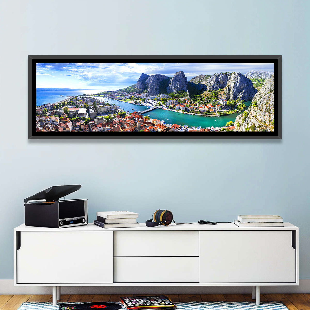 Omiš Cetina River Mouth Canyon View Wall Art in a room, panoramic