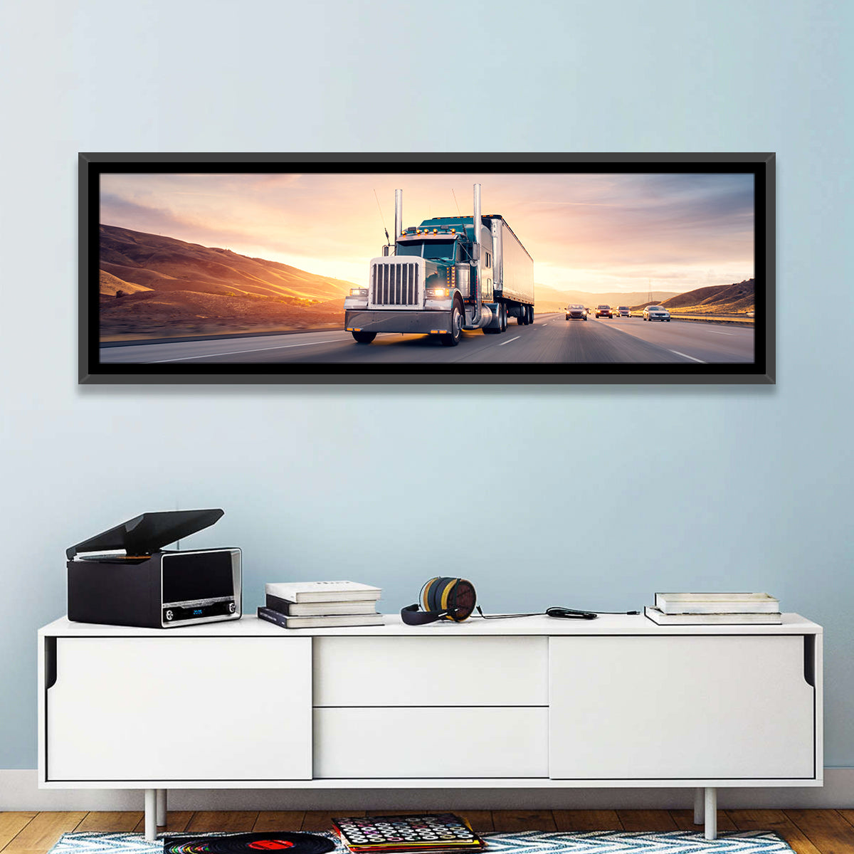Semi Truck Highway Sunset Wall Art