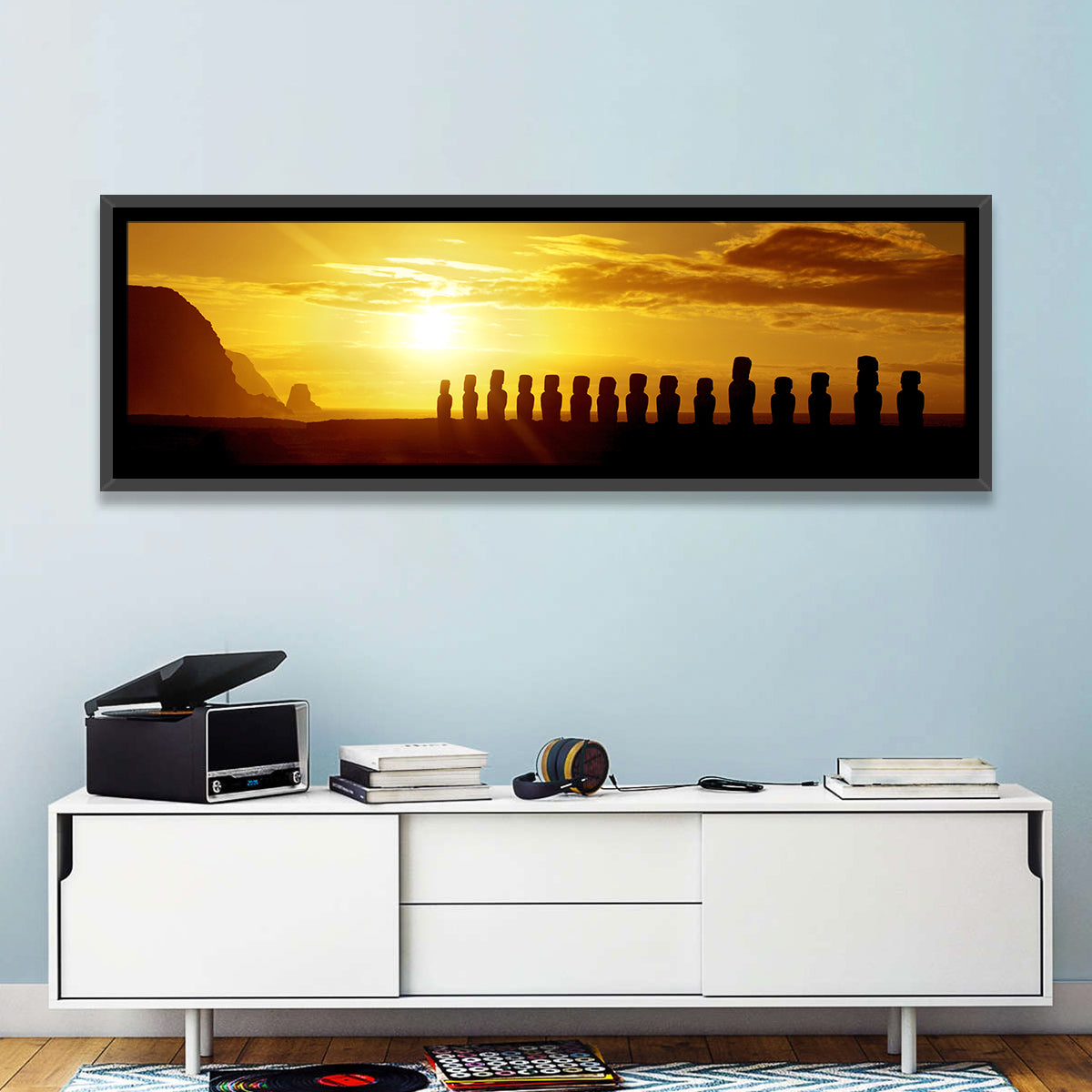 Easter Island Moai at Sunset Wall Art in a room, panoramic