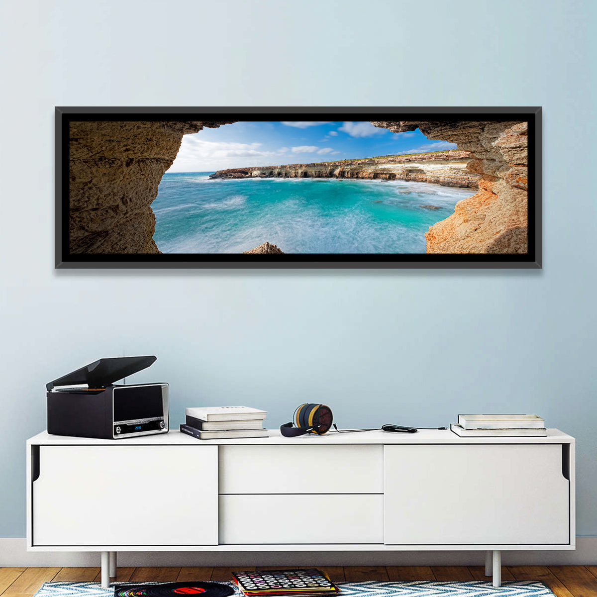 Cape Greko Sea Cave View Wall Art in a room, panoramic