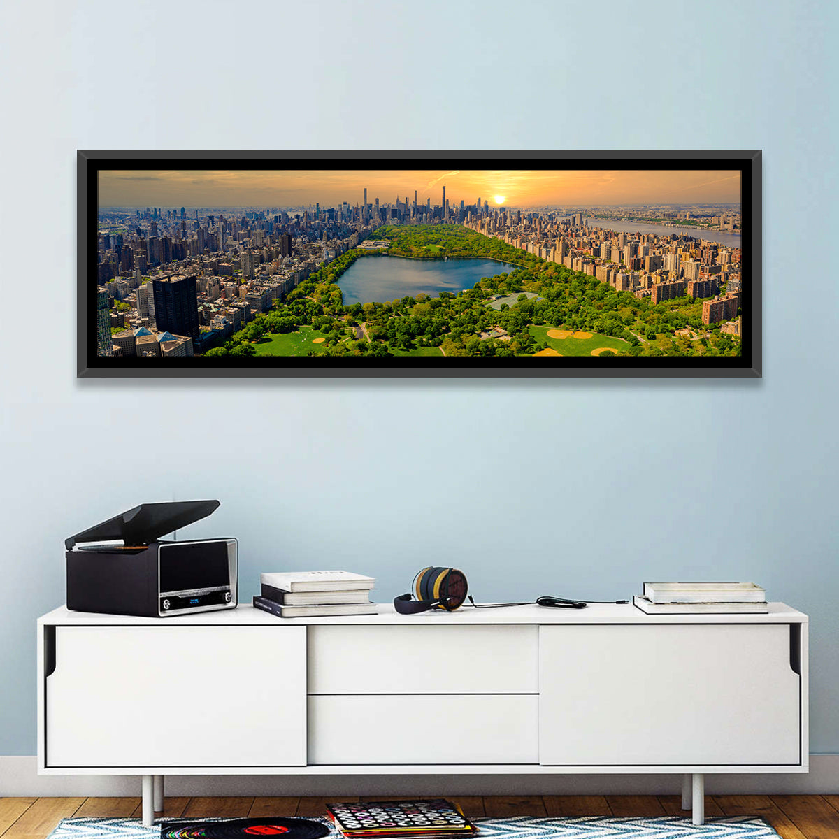 Central Park Reservoir at Dusk Wall Art in a room, panoramic