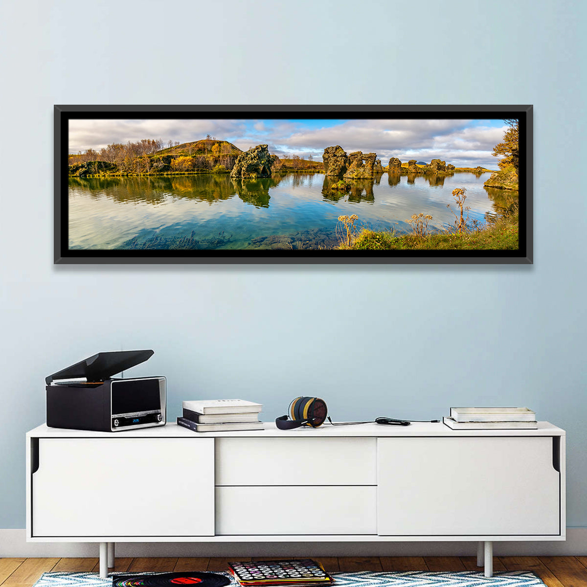 Myvatn Volcanic Rock Reflections Wall Art in a room, panoramic