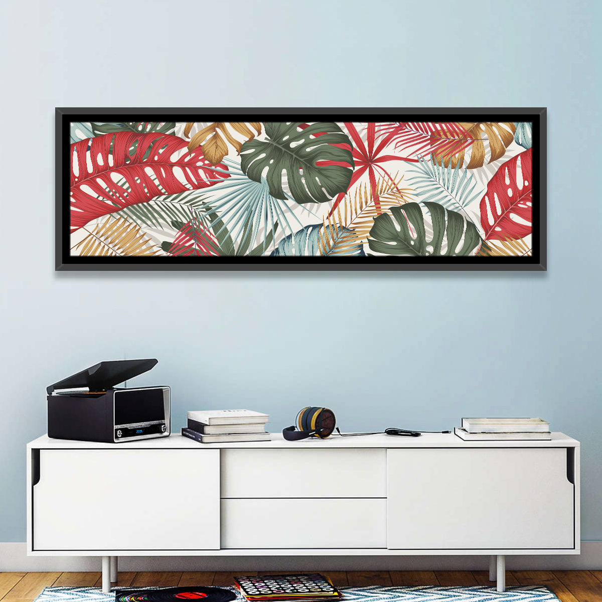 Red and Green Tropical Leaves Pattern Wall Art