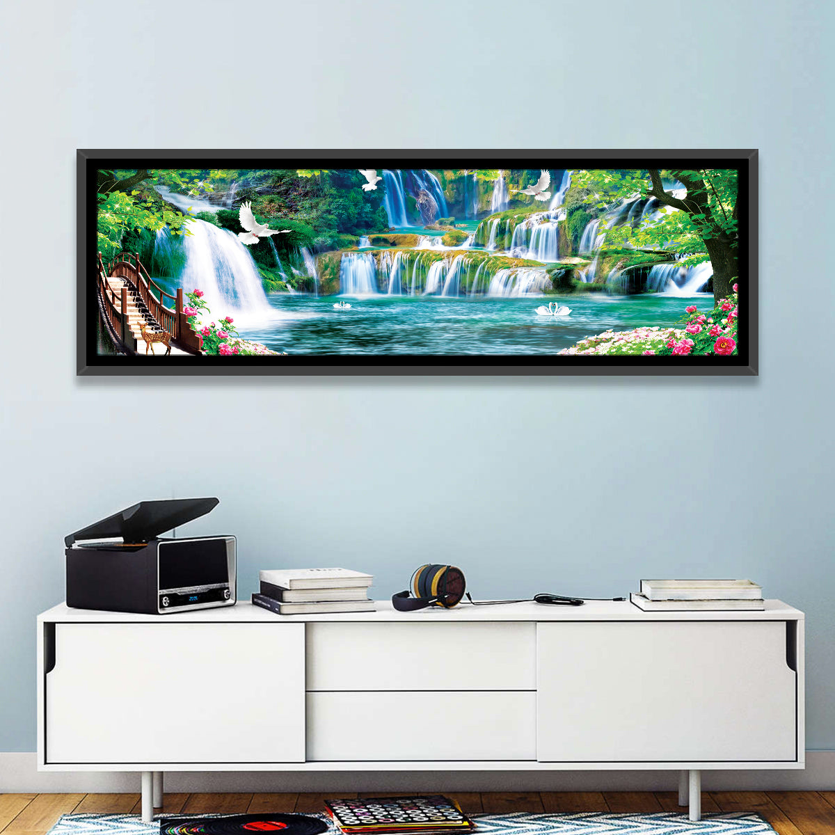 Heavenly Waterfall Scene Wall Art in a room, panoramic