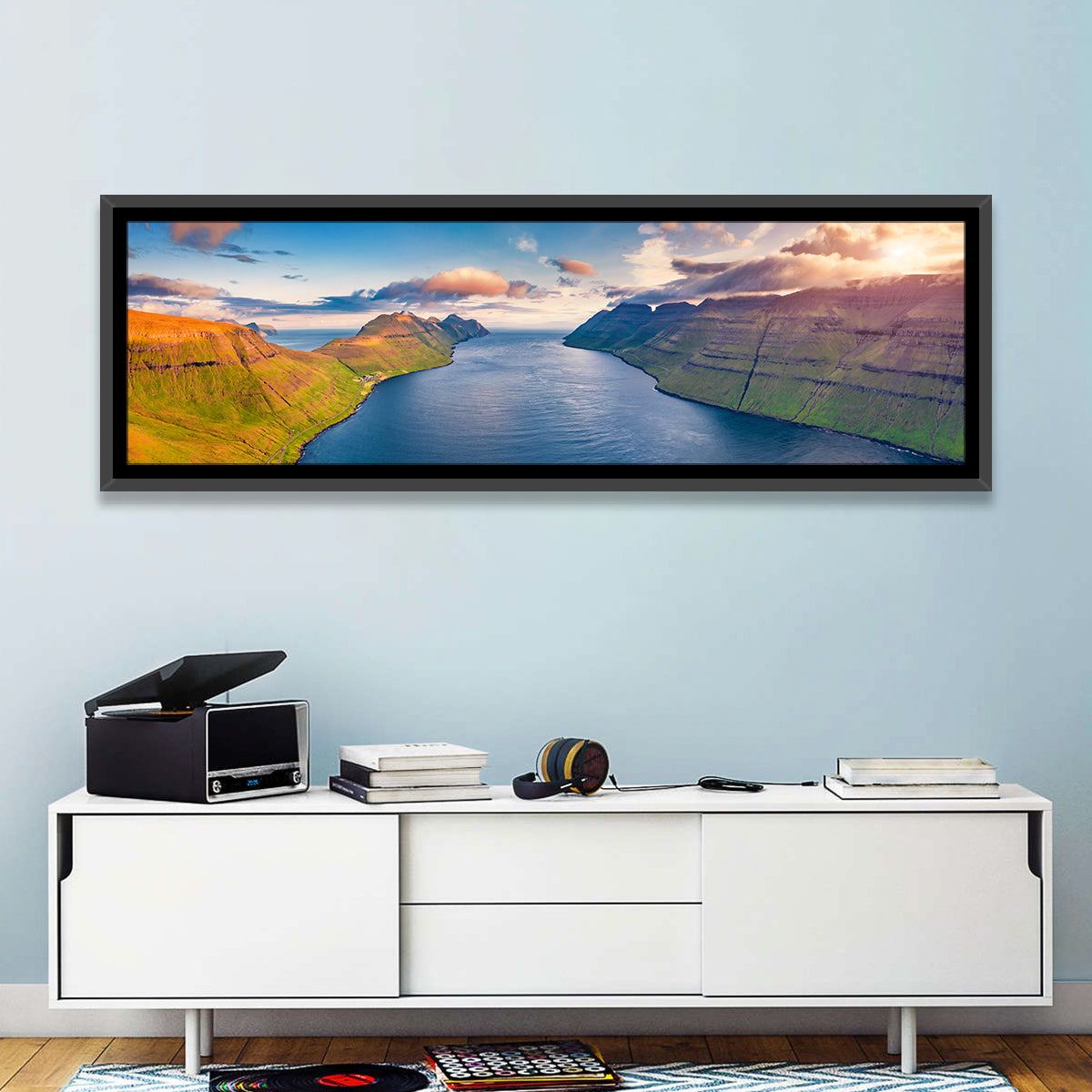 Kalsoy Island Golden Hour Wall Art in a room, panoramic