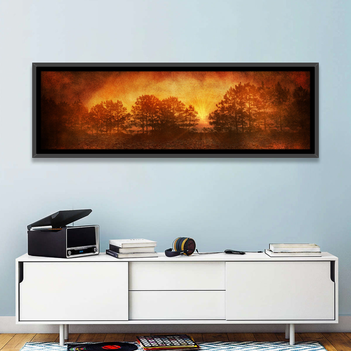 Autumn Forest Sunset Wall Art in a room, panoramic