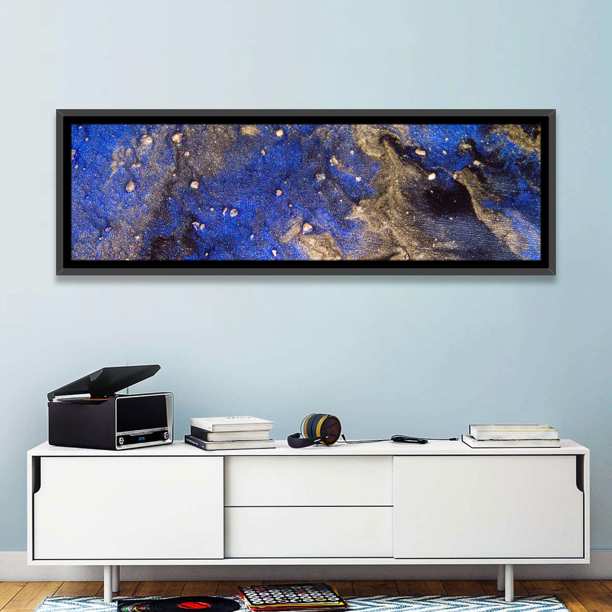 Blue Rush Abstract Wall Art in a room, panoramic