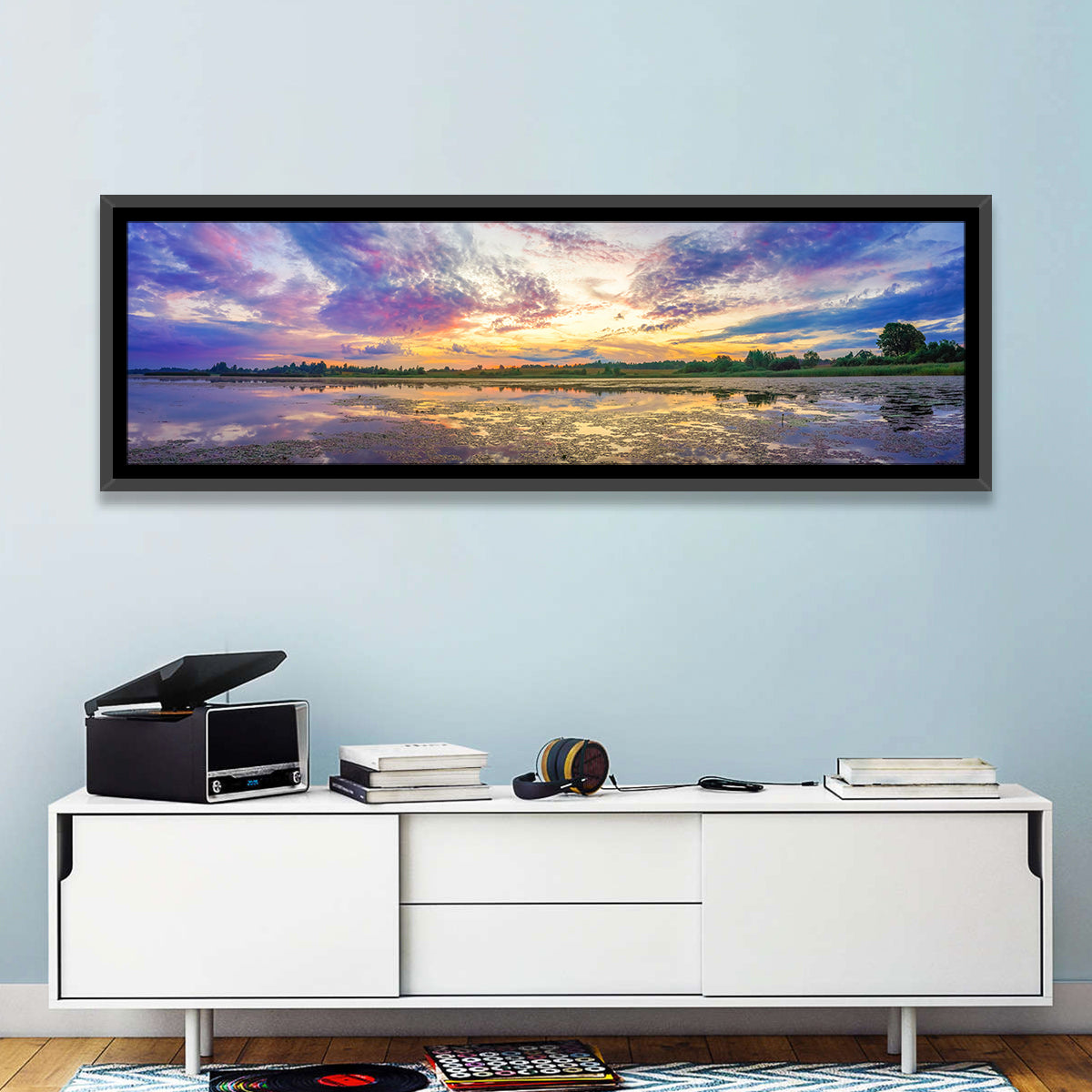Golden Sunrise Over Lake Wall Art in a room, panoramic