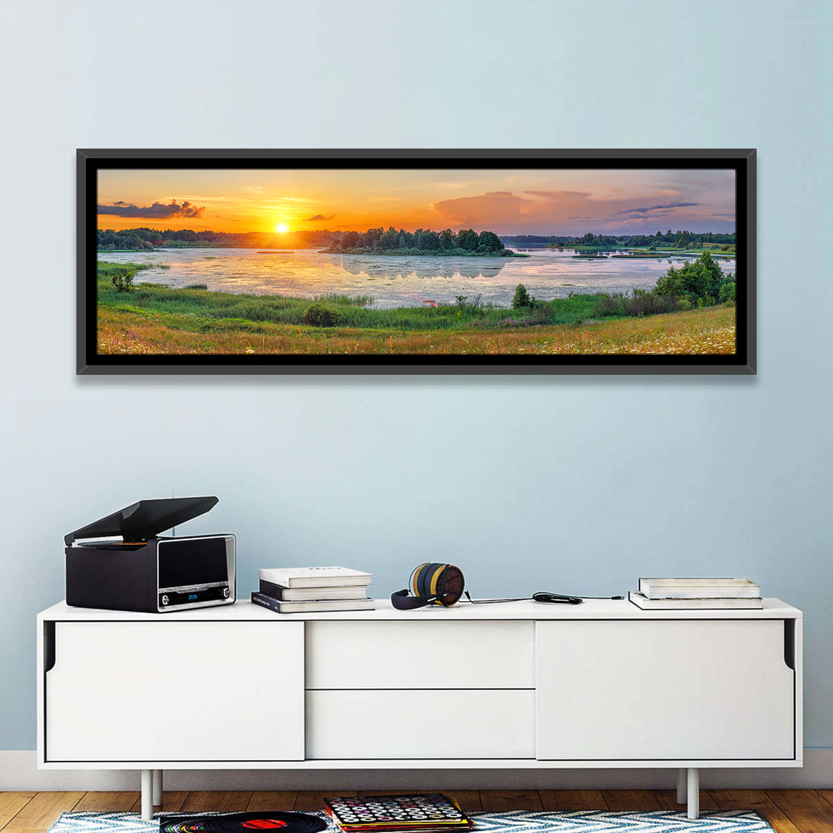 Sunset Over Lake Wall Art in a room, panoramic