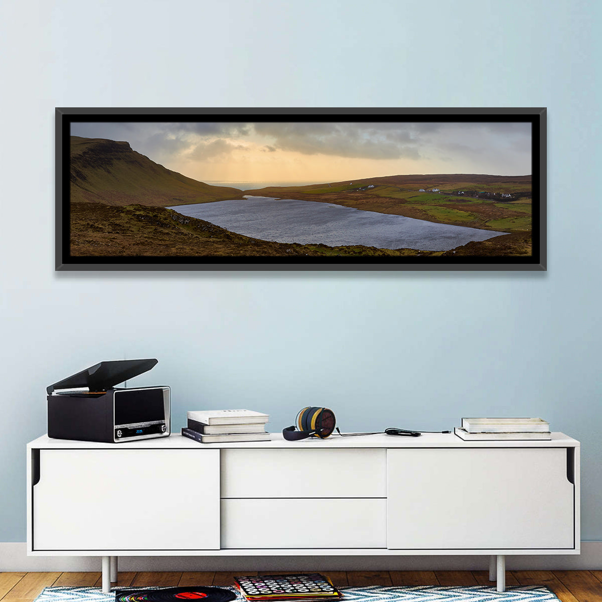 Isle of Skye Lake at Golden Hour Wall Art in a room, panoramic