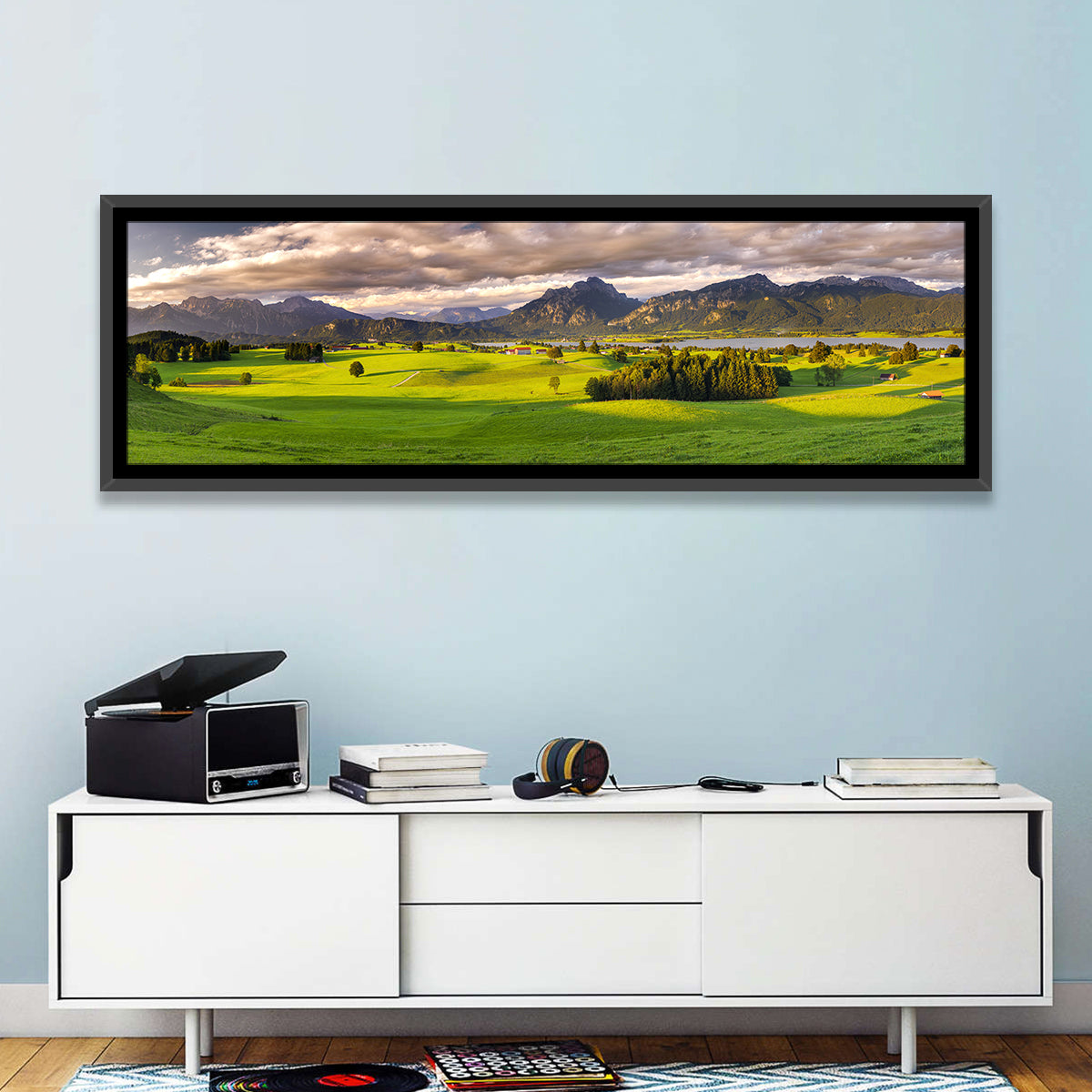 Füssen Forggensee Alpine Lake Landscape Wall Art in a room, panoramic