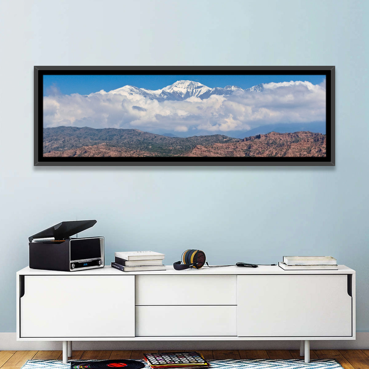 El Plata Snowcapped Peaks Above Cloud Deck Wall Art in a room, panoramic