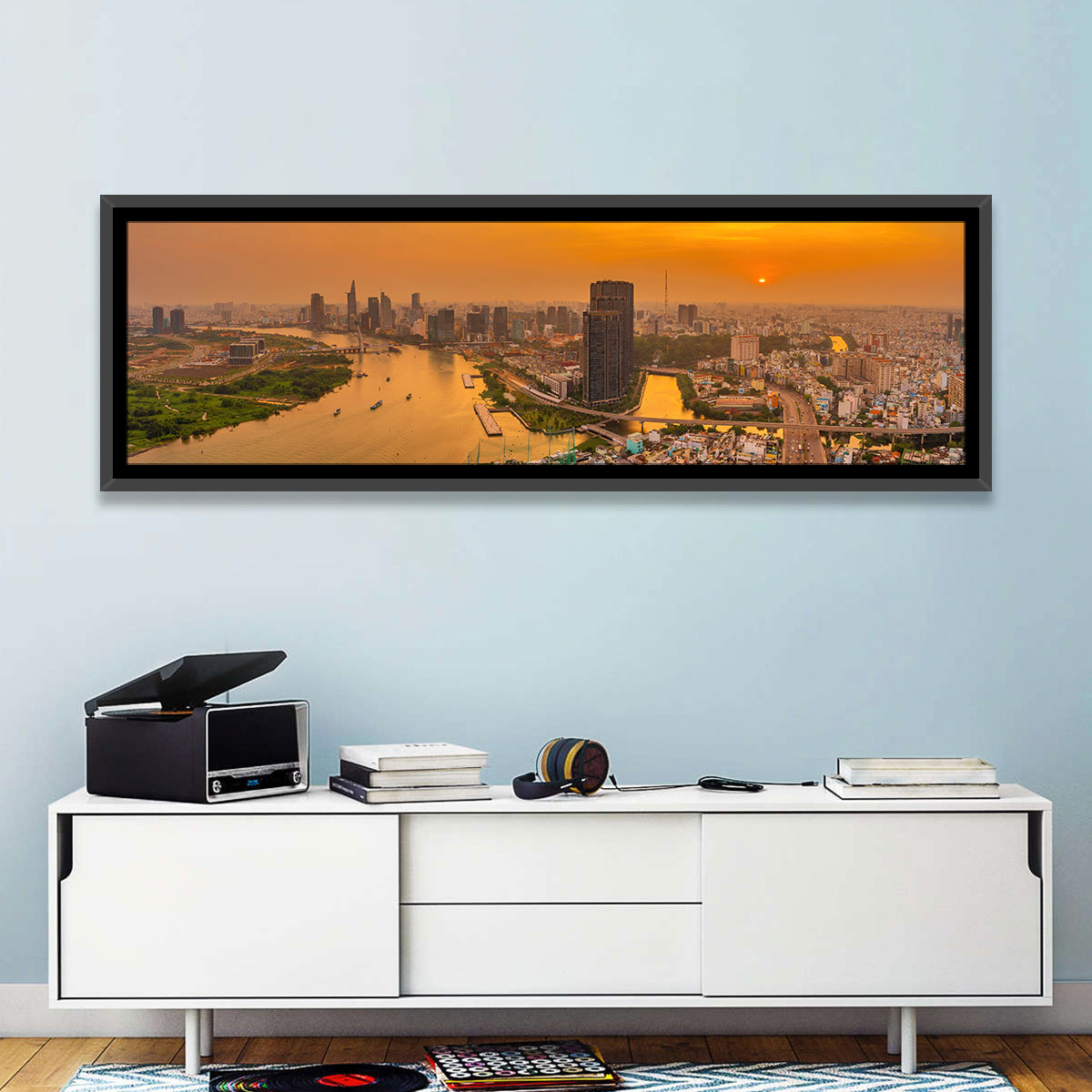 Landmark 81 Golden Hour Skyline Wall Art in a room, panoramic
