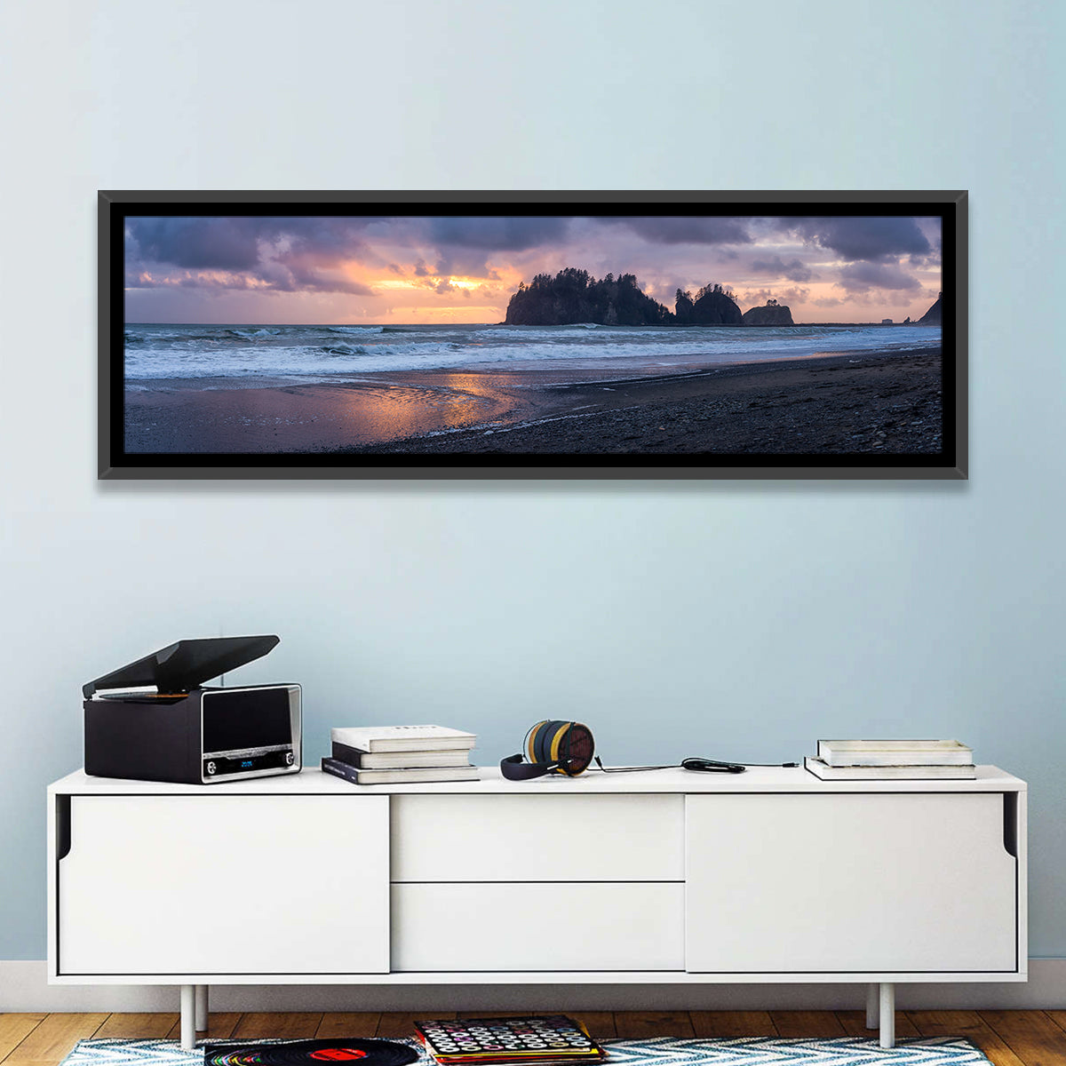 Rialto Beach Sea Stacks at Sunset Wall Art in a room, panoramic