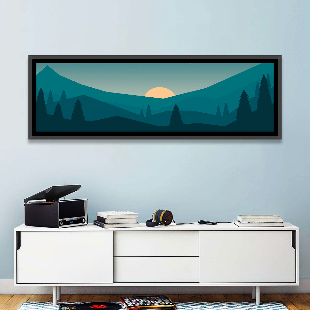 Black Forest Sunset Illustration Wall Art in a room, panoramic