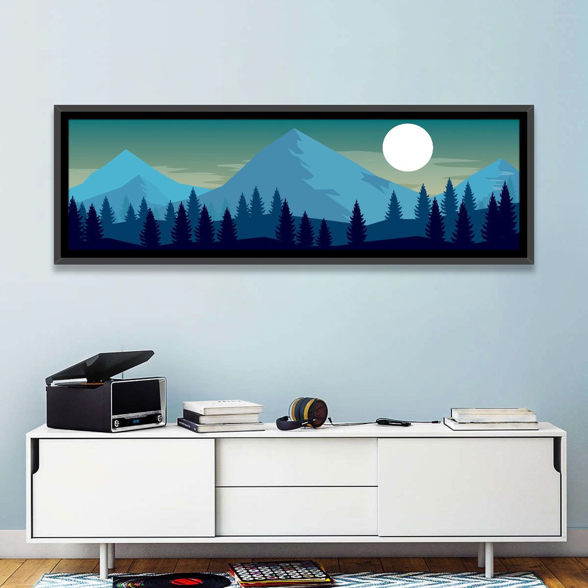 Moonlit Snowy Mountain Forest Wall Art in a room, panoramic