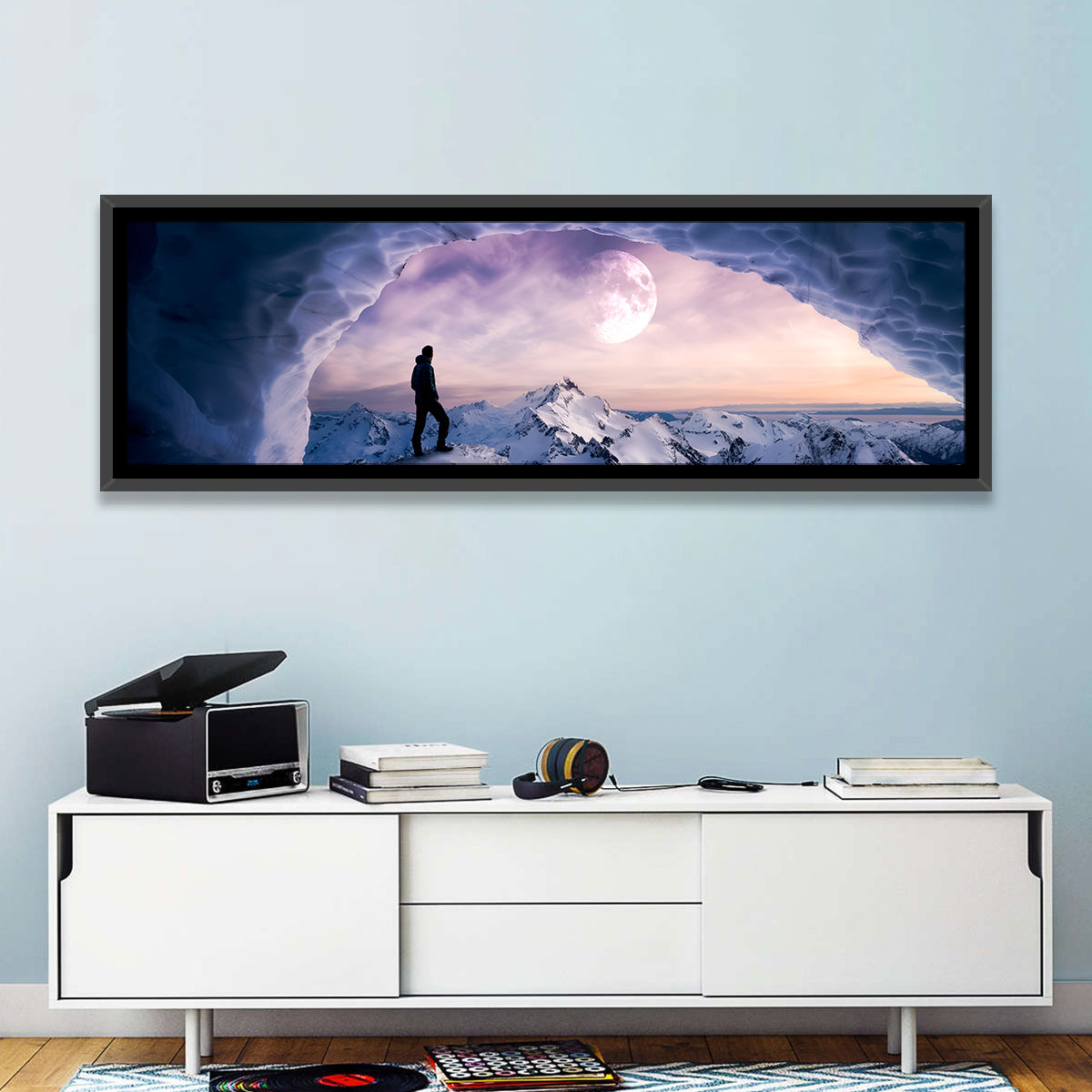 Moonlit Ice Cave Hiker Wall Art in a room, panoramic