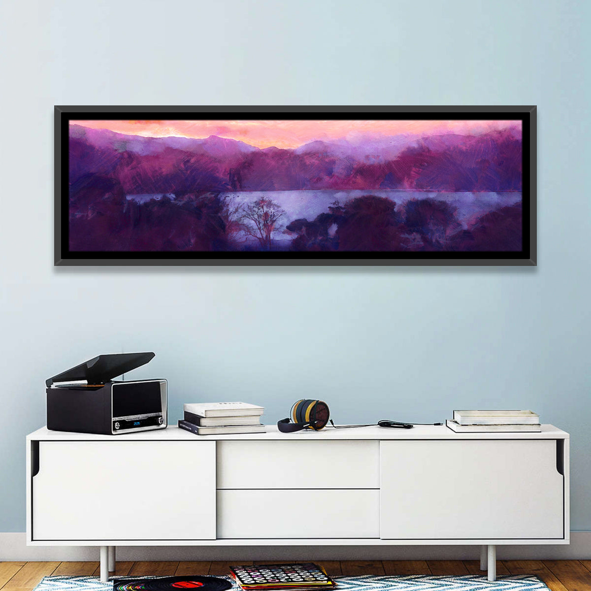 Forest Lake at Dusk Wall Art in a room, panoramic