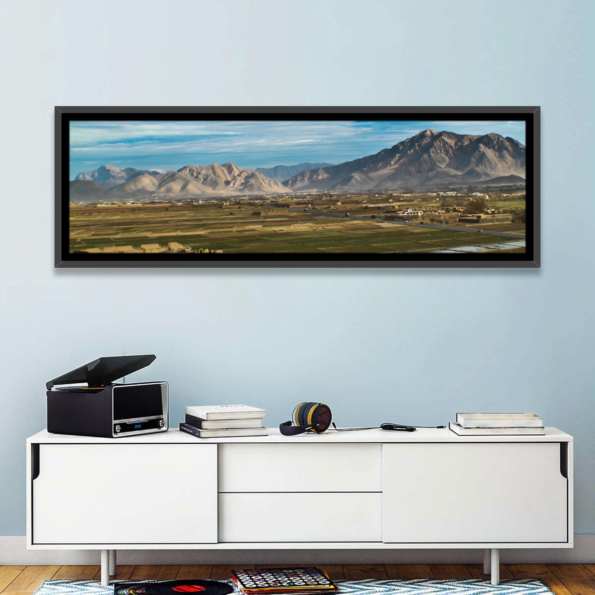 Patchwork Farmland Landscape Wall Art in a room, panoramic
