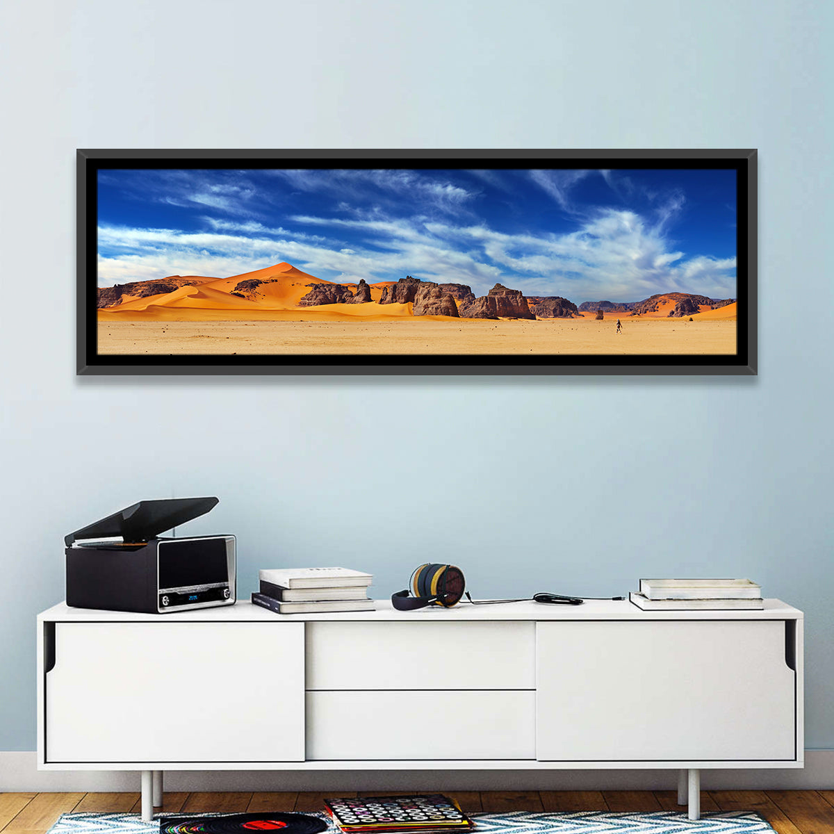 Sahara Sand Dunes Vista Wall Art in a room, panoramic