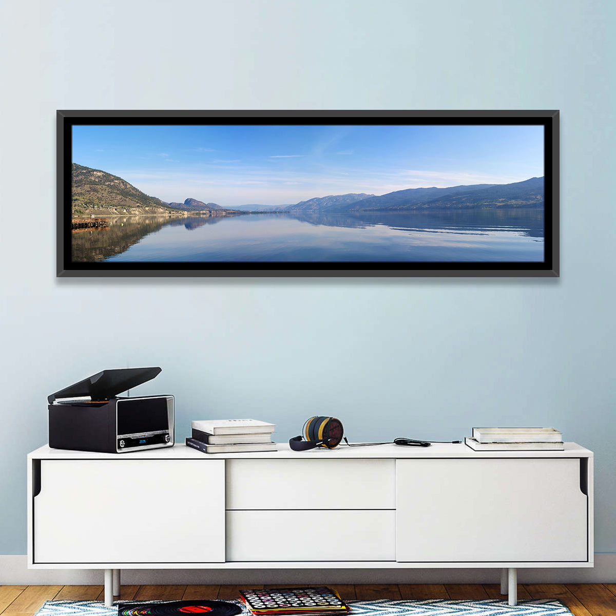 Lake Okanagan Reflection Wall Art in a room, panoramic