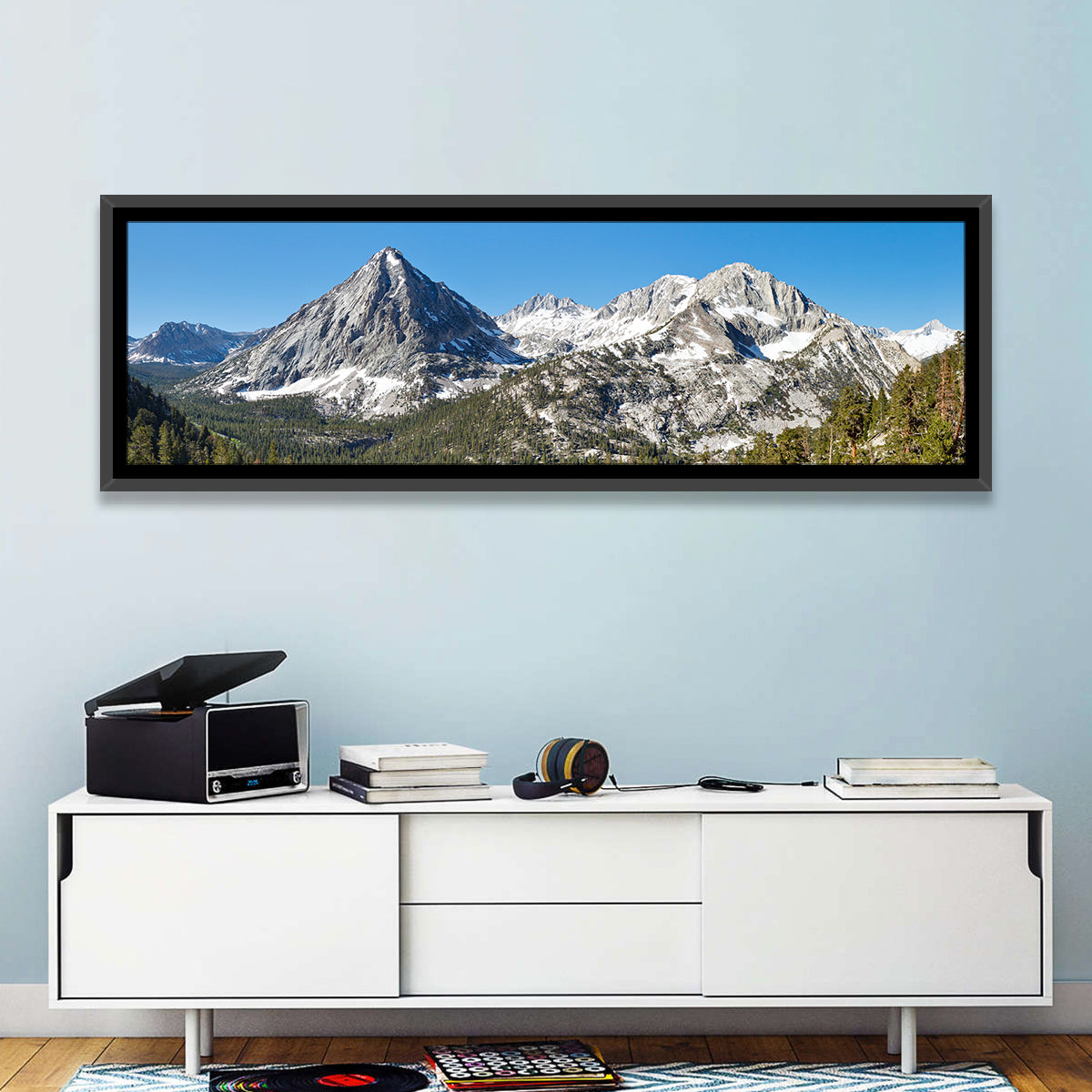 Sierra Nevada Peaks Wall Art in a room, panoramic
