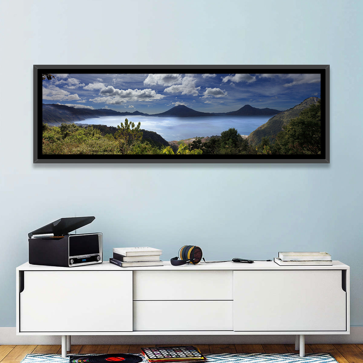 Lake Atitlán View Wall Art in a room, panoramic