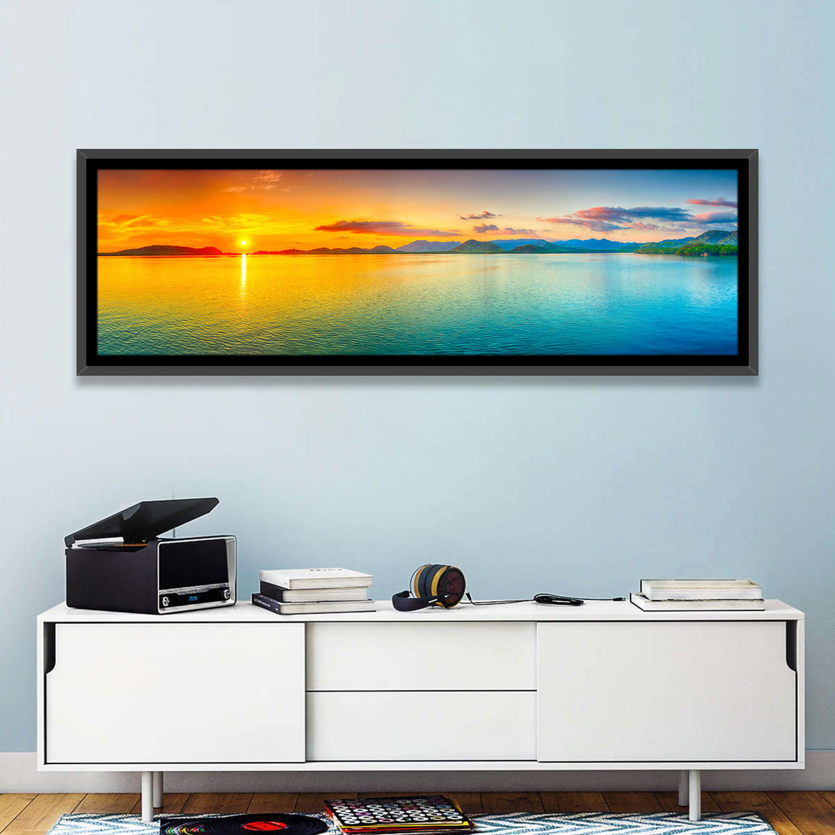 Golden Lake Sunrise Wall Art in a room, panoramic