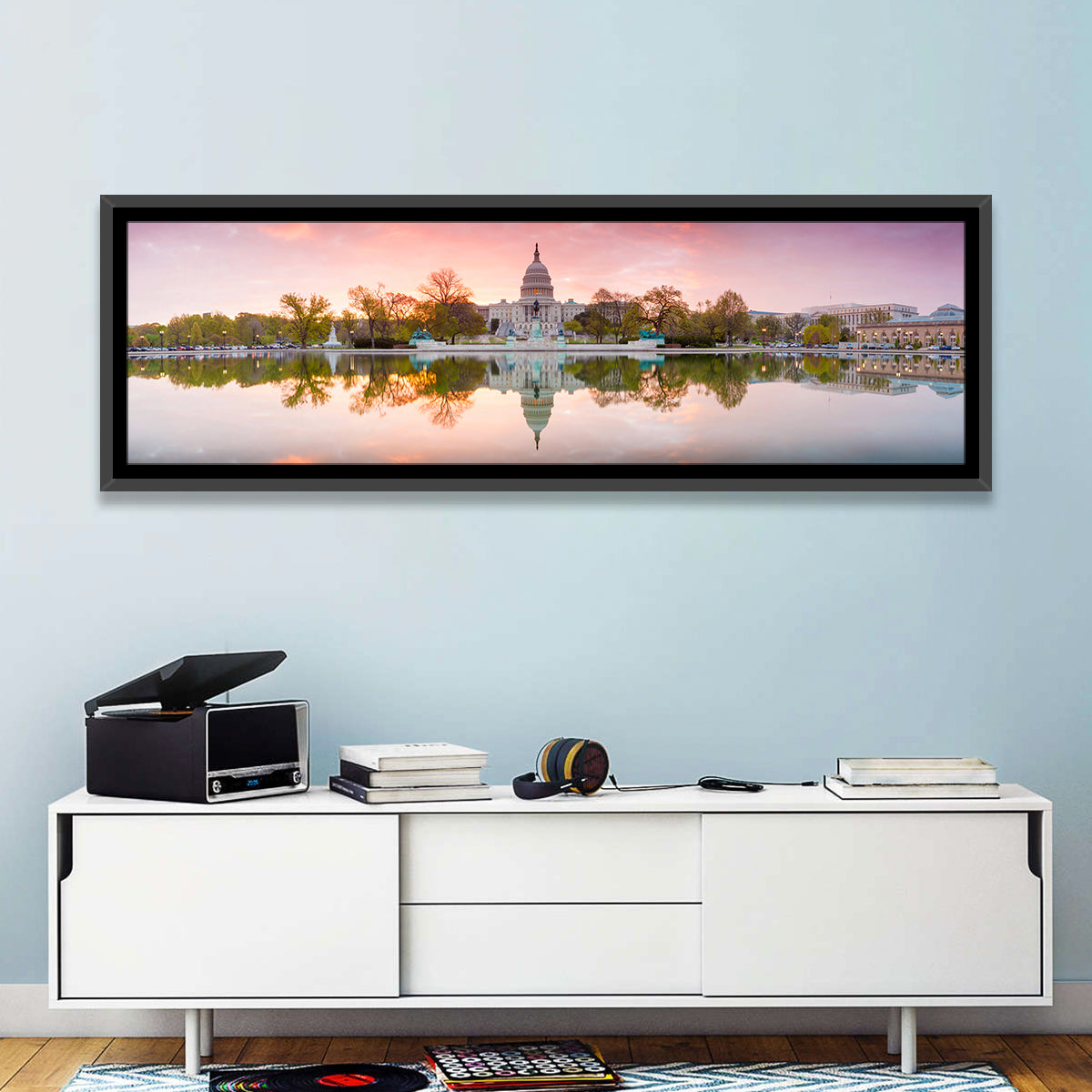 United States Capitol Sunrise Reflection Wall Art in a room, panoramic